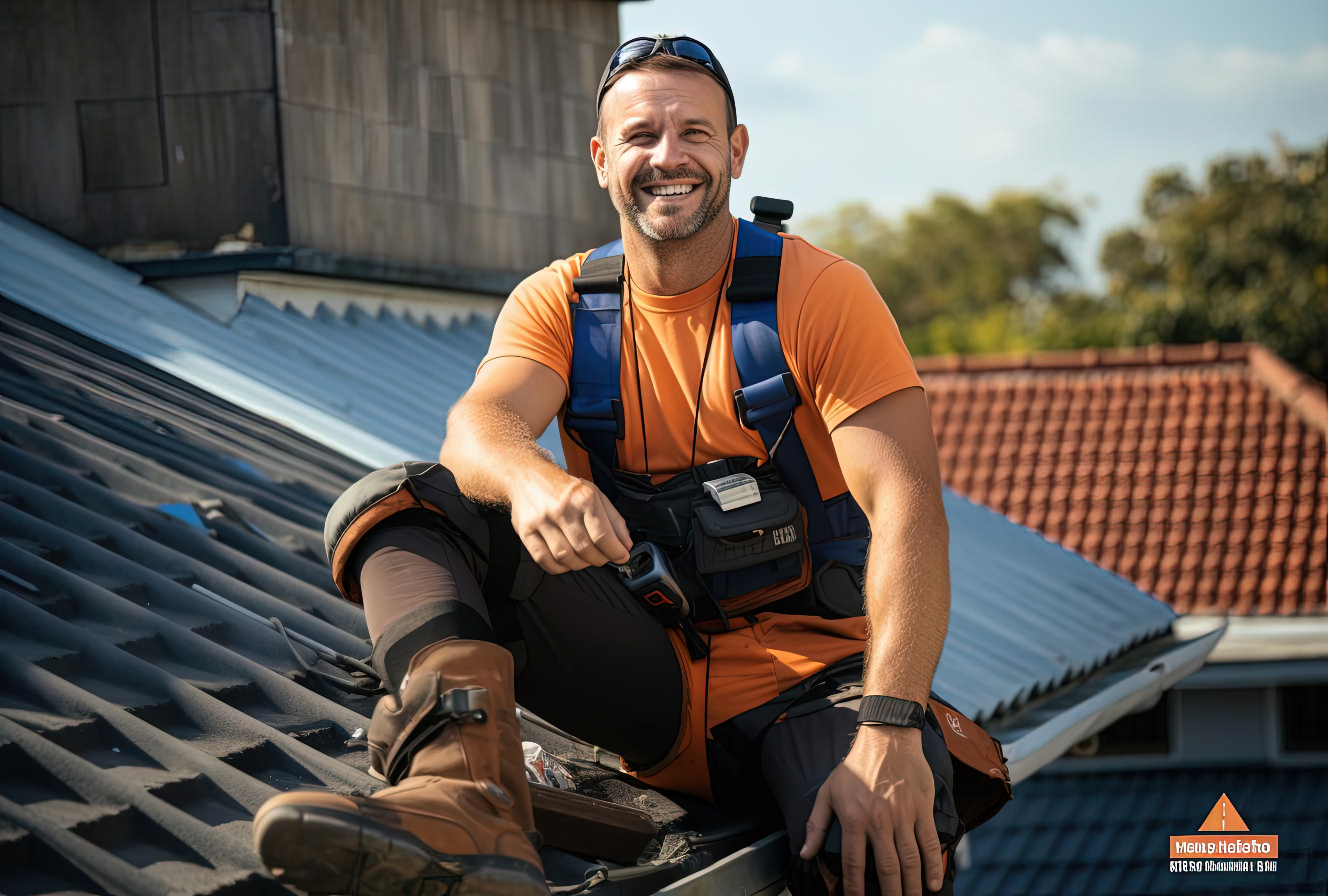 Smiling roofer working on metal roof installation